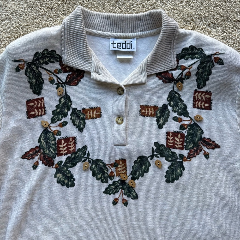 Vintage Teddi Cottagecore Sweater Nature Print Collared 90s Shoulder Pads L - Picture 4 of 12